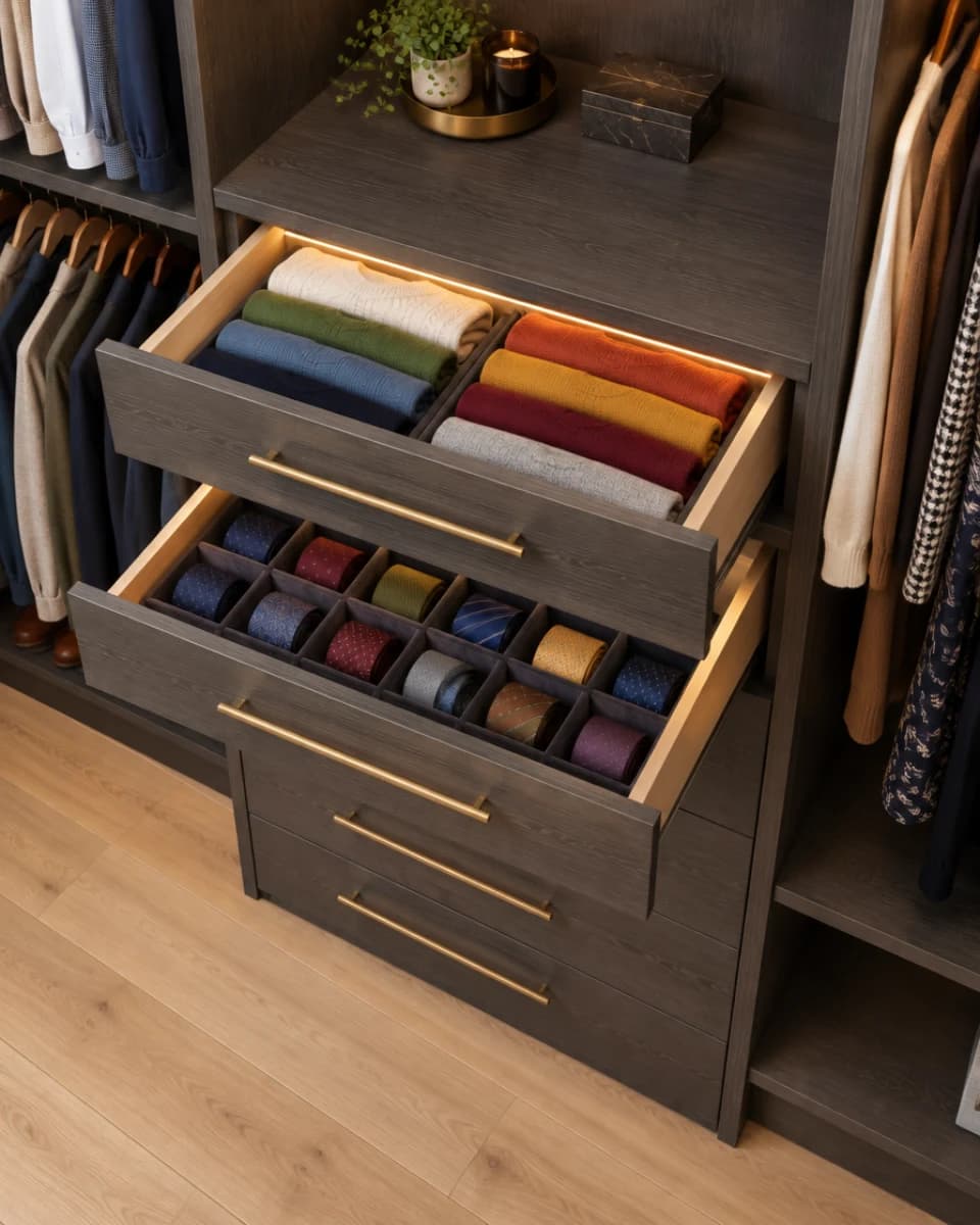Built-in dresser with lit drawers holding folded clothes and ties