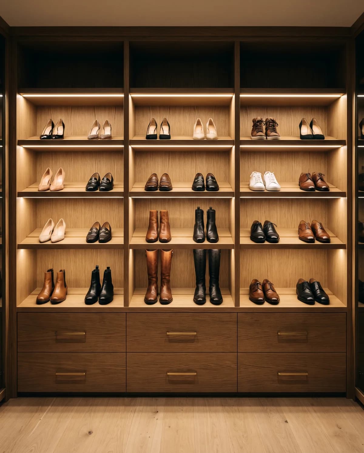 Oak shoe wall with integrated shelf lighting