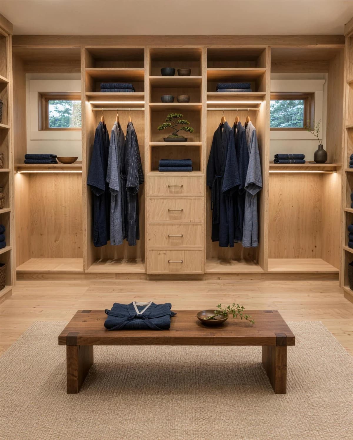 Oak walk-in closet with hanging rods, a center drawer stack and a walnut bench